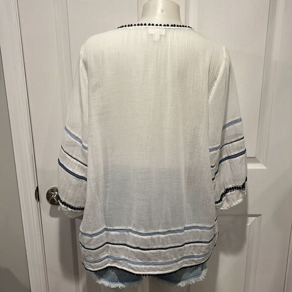 J.Jill cotton white with blue trim button down ocean breeze blouse size large - Picture 2 of 8